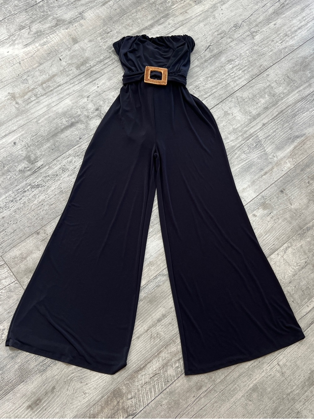 Venus Strapless Wide-Leg Jumpsuit with Statement Buckle - Black Sz XL